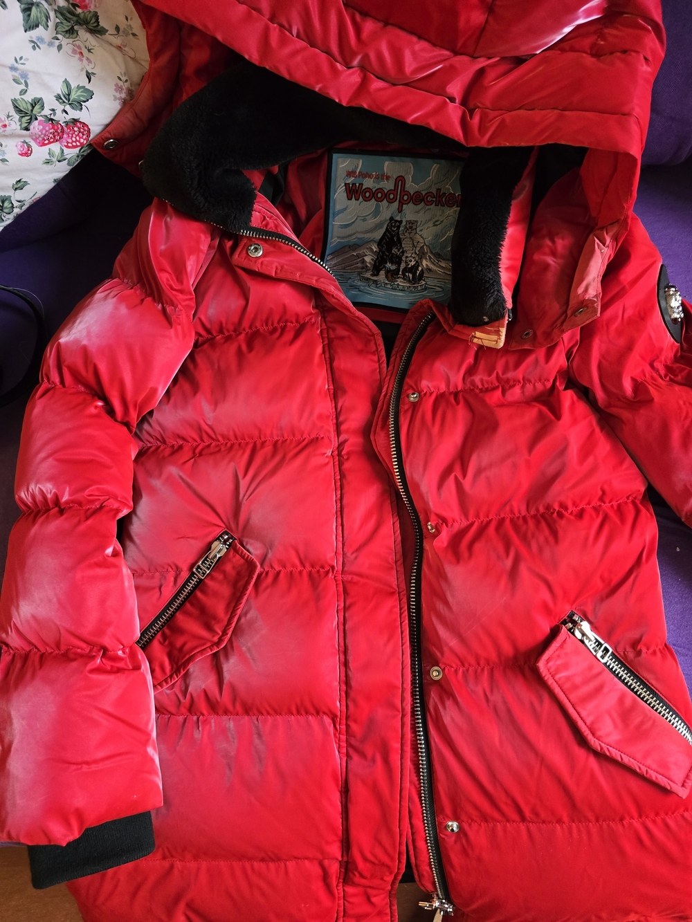 Auth Woodpecker Unisex Red Puffer Jacket with ZIP Hood